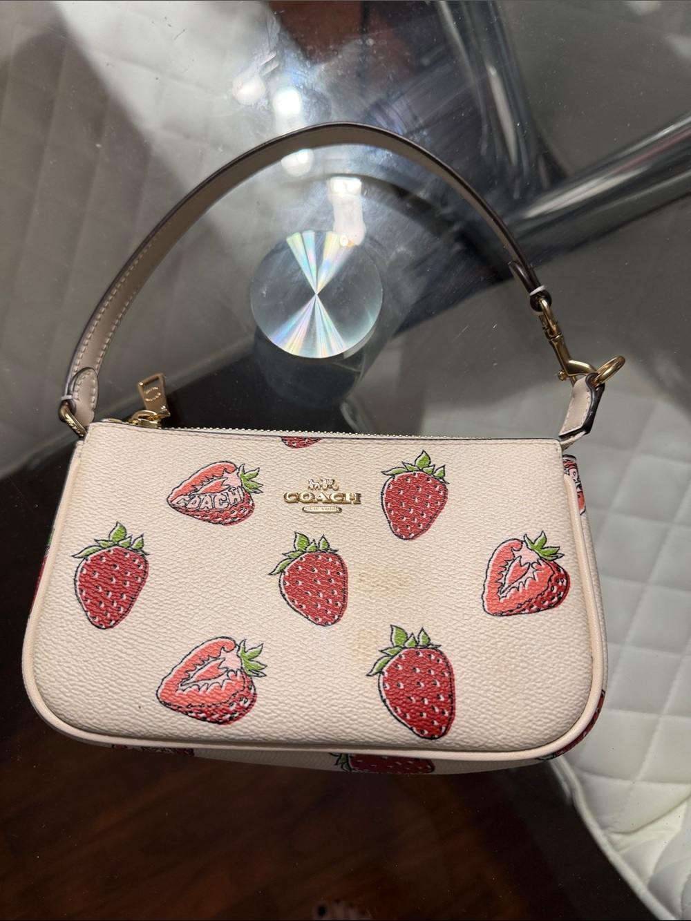 Coach Pink Strawberry Print Leather Mini Bag with Gold Hardware
